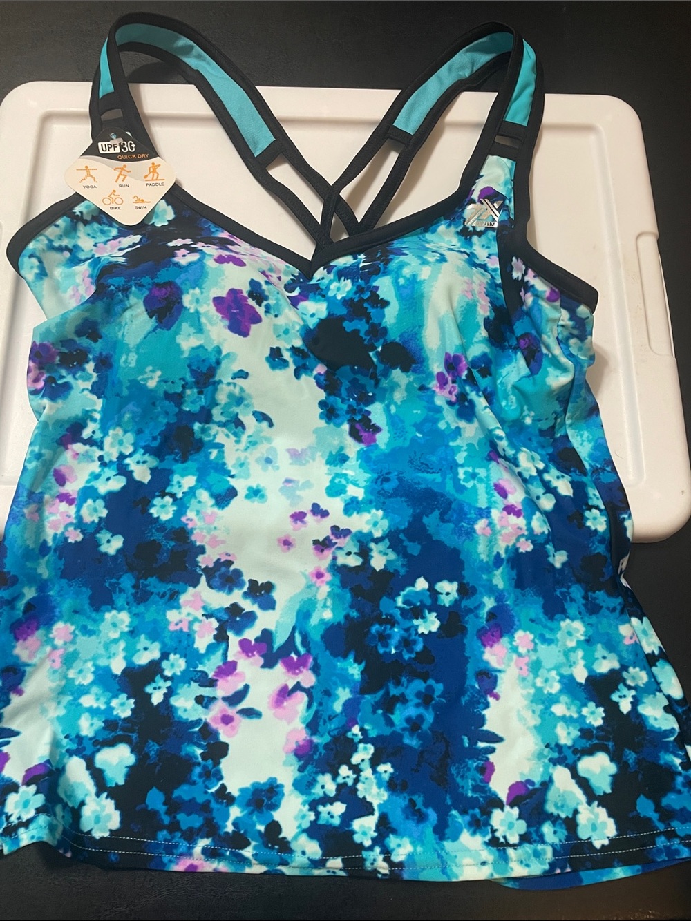 Floral Blue Swim or Active Tank w strappy back, quick dry NEW Sz. XS